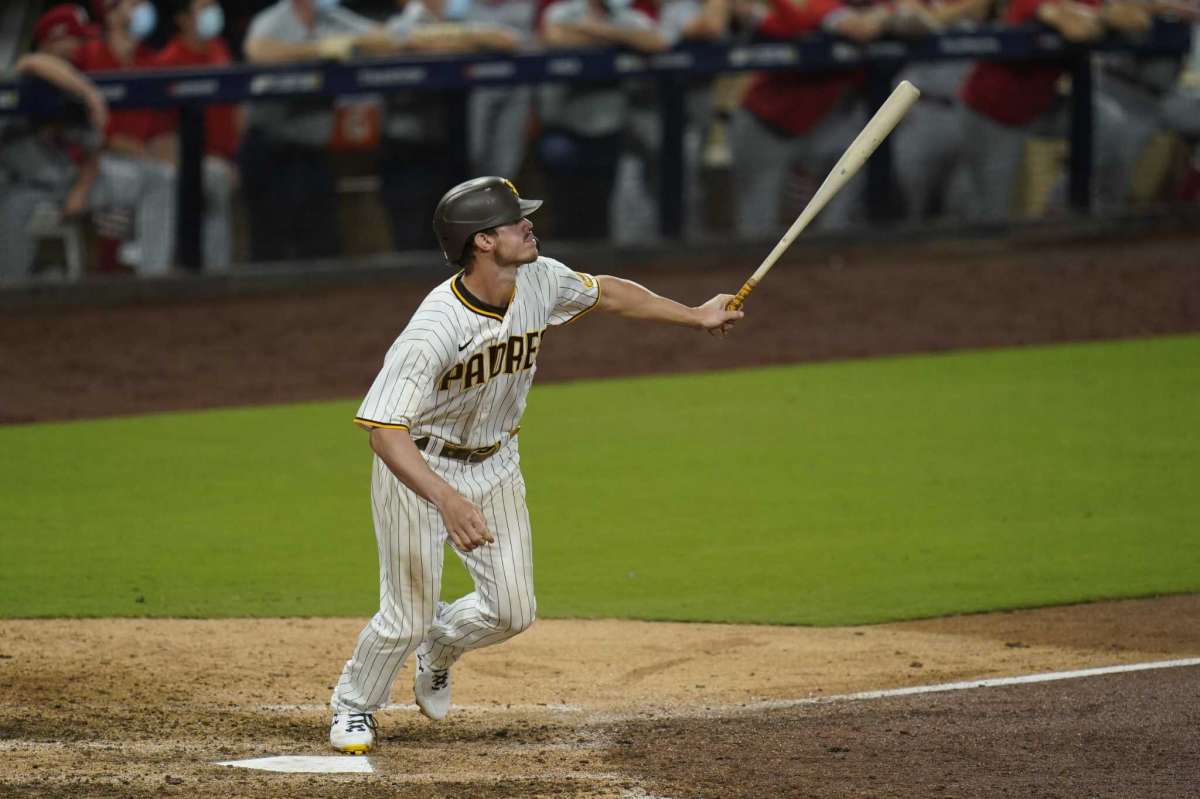 Will Myers of the San Diego Padres team watches his home run during the eighth game of the second game of the National League Baseball Series against the St. Louis Cardinals, Thursday October 1, 2020, in San Diego.